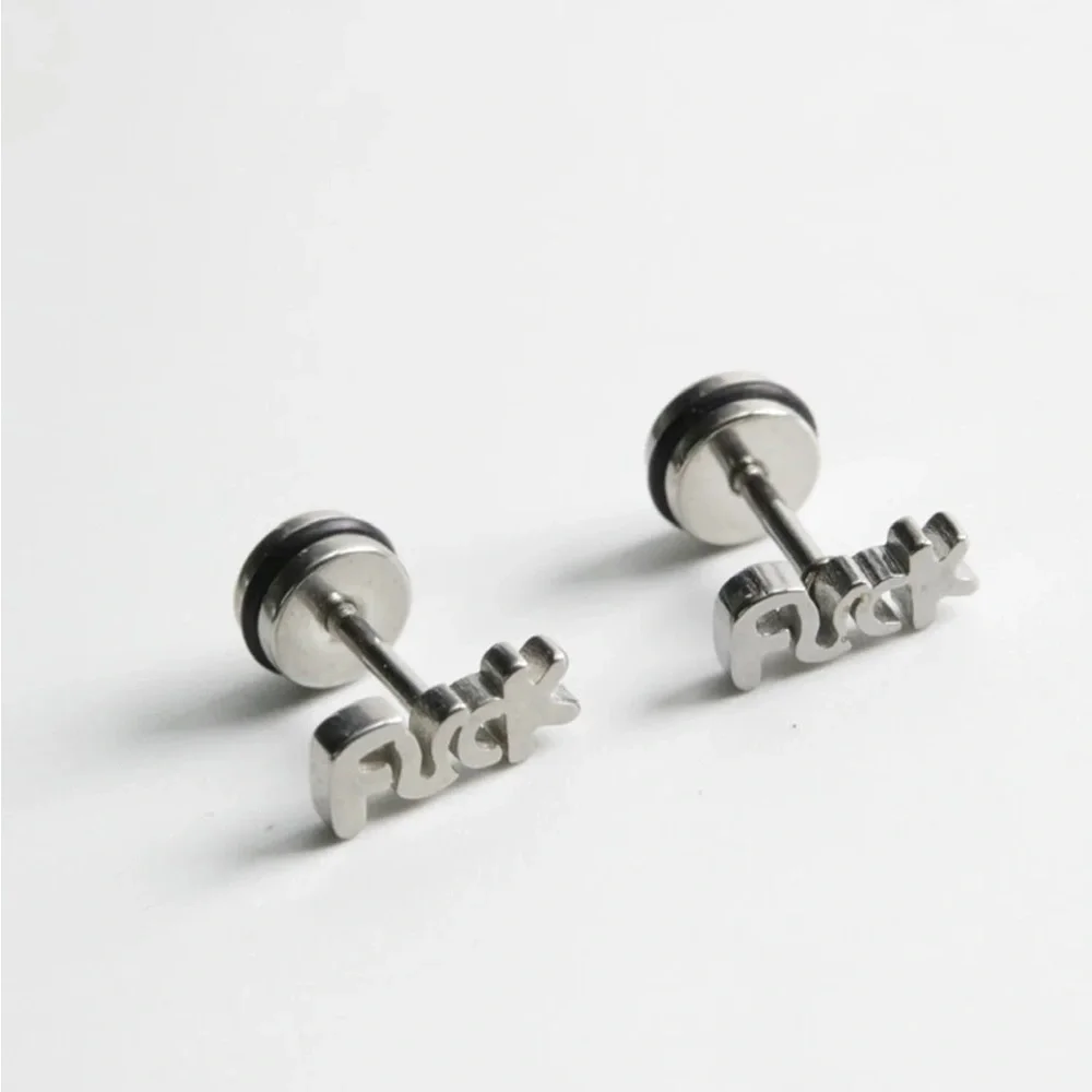Single Accent Unisex Fashion Stainless Steel Letter Ear Stud Earrings Women Men